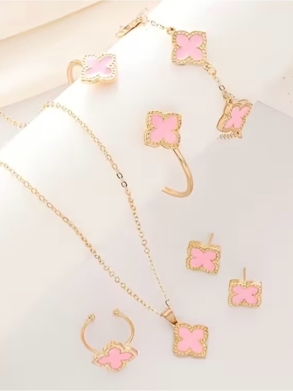 Gold & Pink Clover Motif Jewelry Set Necklace, Bracelet, Ring, Earrings